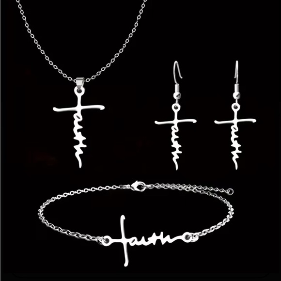 Faith Stainless Steel 3pc Set With Necklace, Earrings, And Bracelet RESTOCKED - Picture 3 of 3
